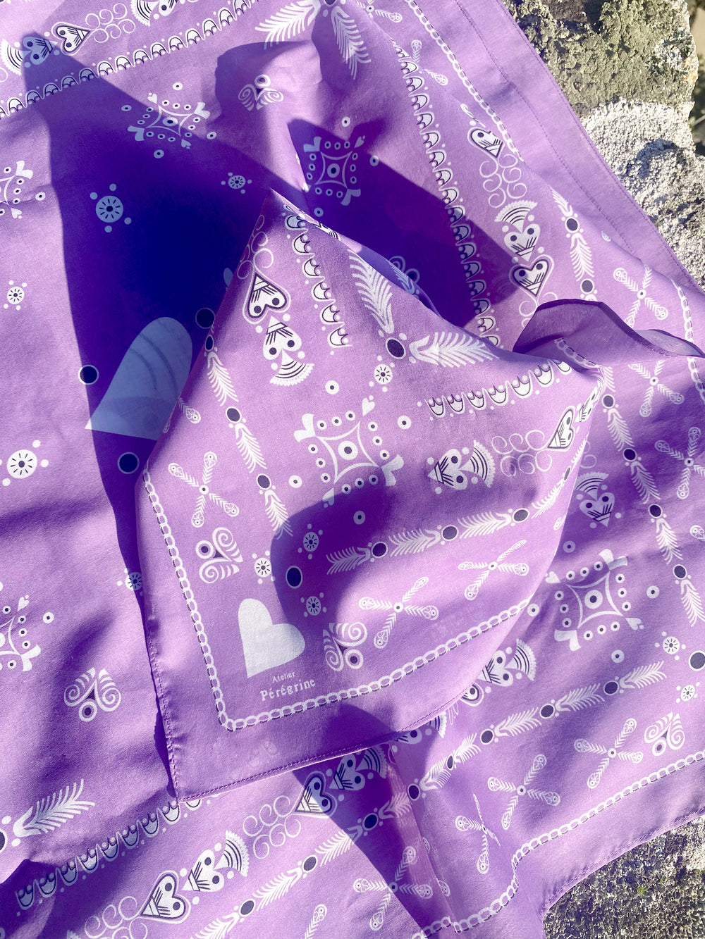 BANDANA BRETON  LILAS EN COTON BIO - MOTIF BRODERIES BRETONNE