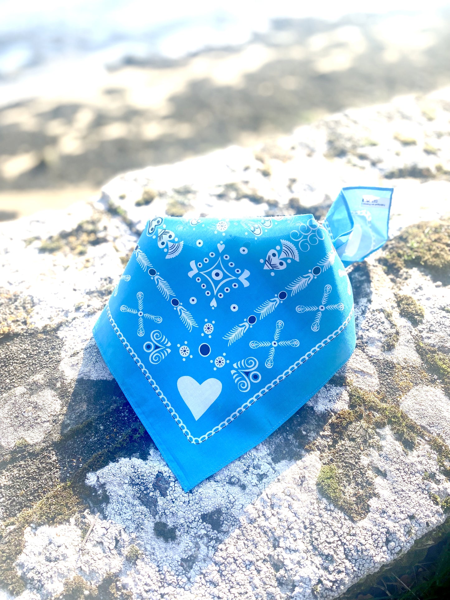 BANDANA BRETON BLEU CLAIR EN COTON BIO - MOTIF BRODERIES BRETONNE (AZUR)