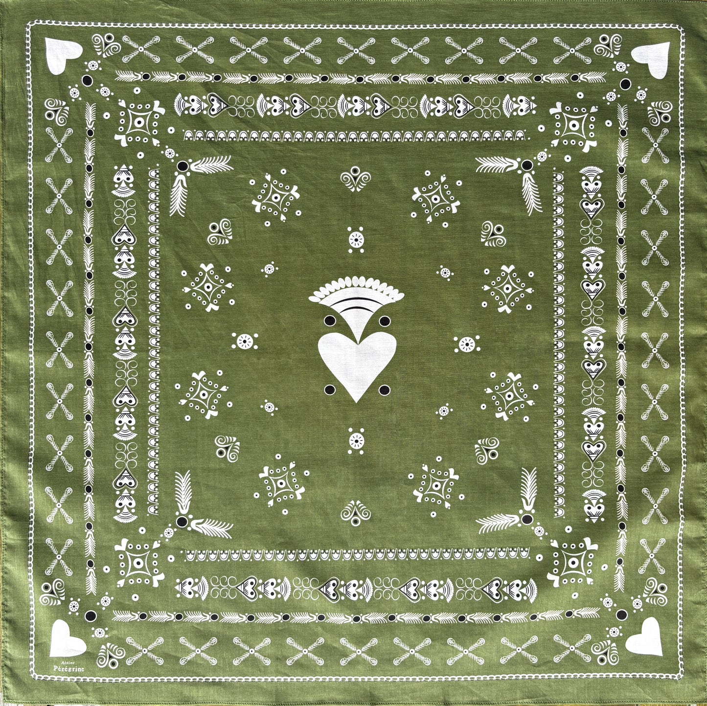 BANDANA BRETON KAKI EN COTON BIO - MOTIF BRODERIES BRETONNES (MOUSSE)