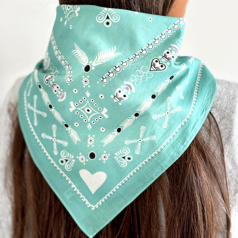 BANDANA BRETON BLEU VERT EN COTON BIO - MOTIF BRODERIES BRETONNES (GLAZ)